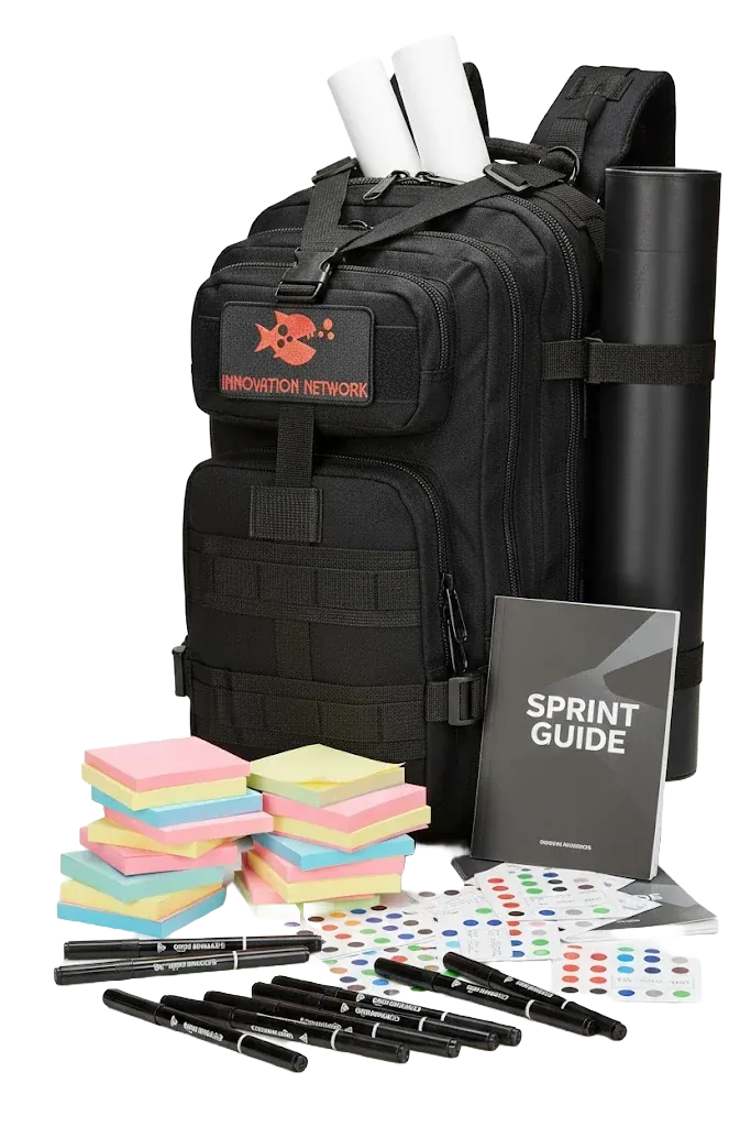The Tactical Innovation Toolkit: a black Innovation Network rucksack with a poster tube, printed sprint guide, sticky note pads, marker pens and voting dots.